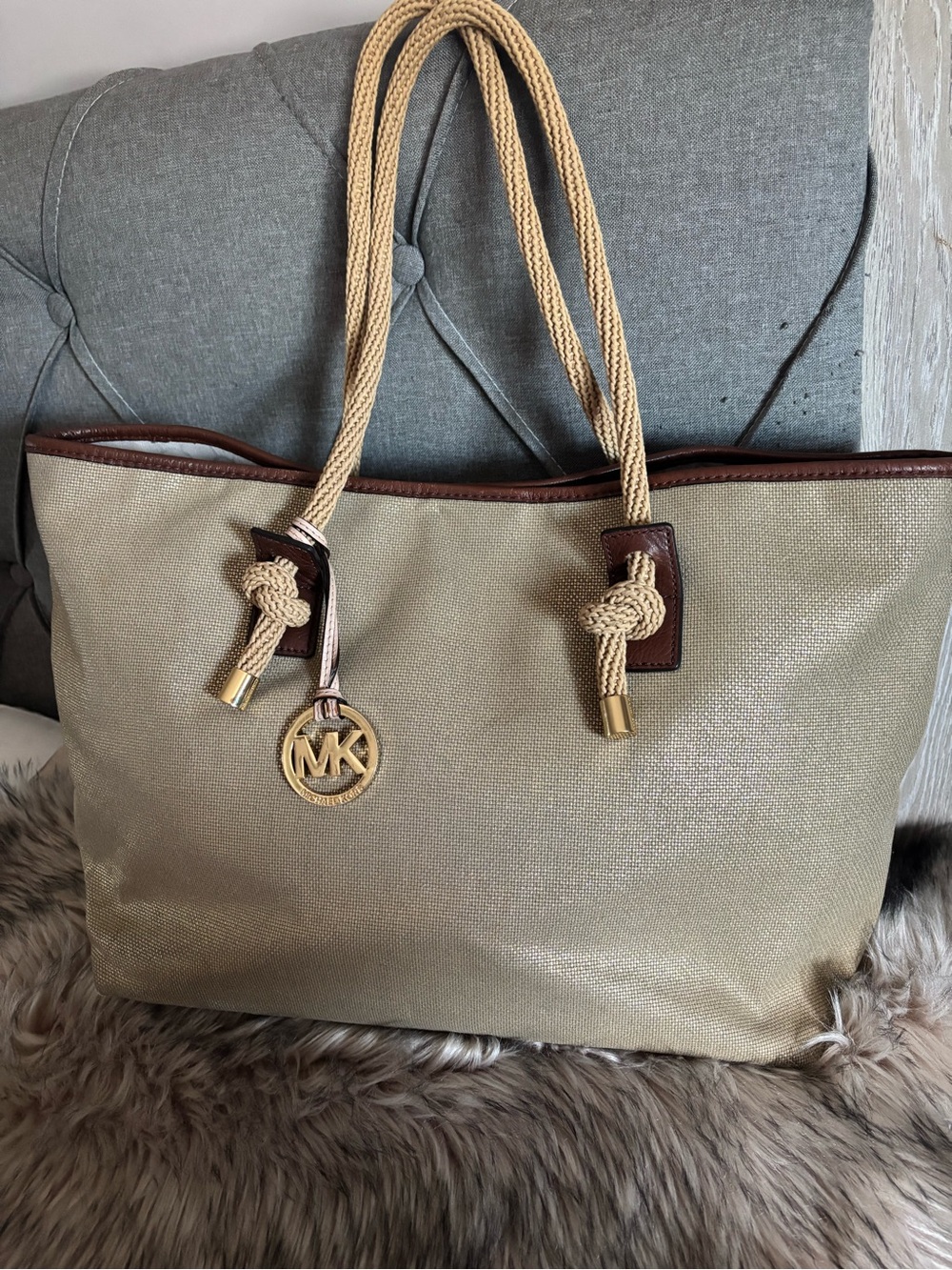Michael Kors Champagne Gold Tote with Rope Handles and MK Charm